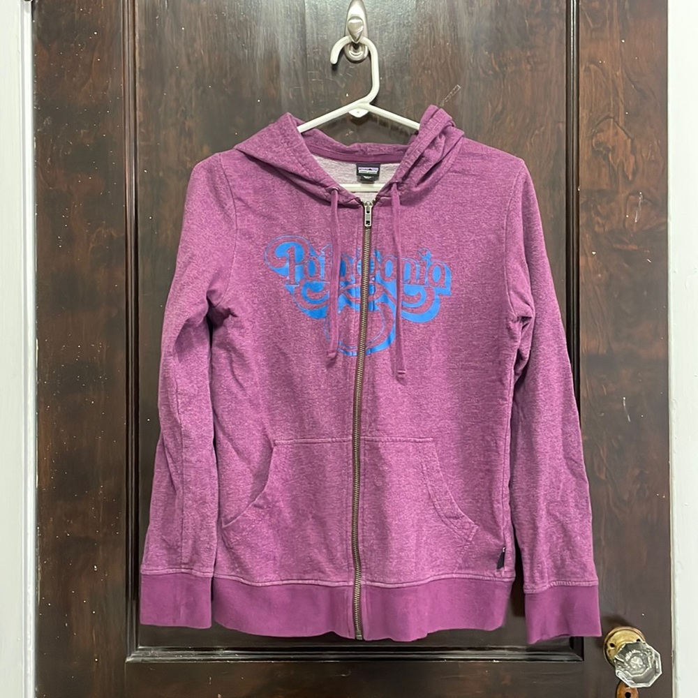 Patagonia purple logo zip up with hood